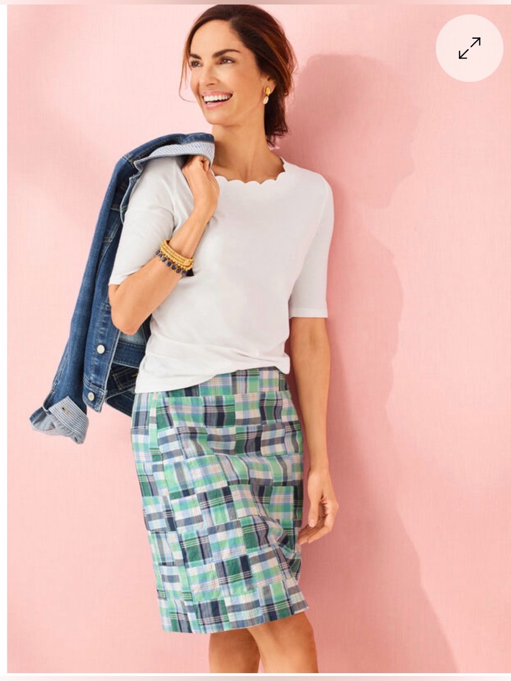 Talbots Green Blue Madras Patchwork Plaid Cotton A-Line Skirt Preppy 8P